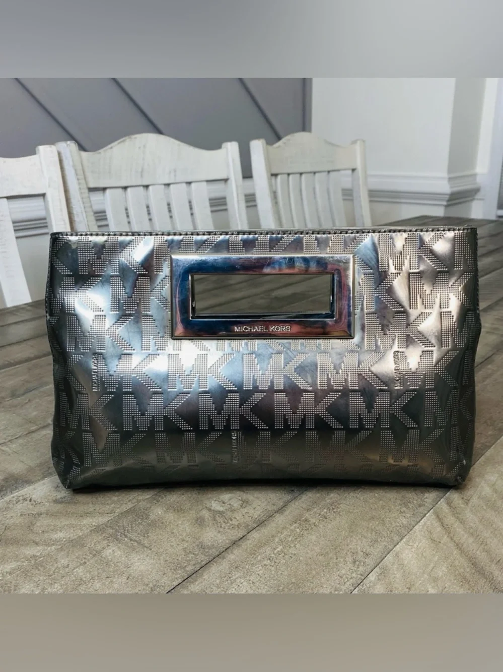 Michael Kors Berkley Signature Mirror Logo Clutch Pewter Metallic